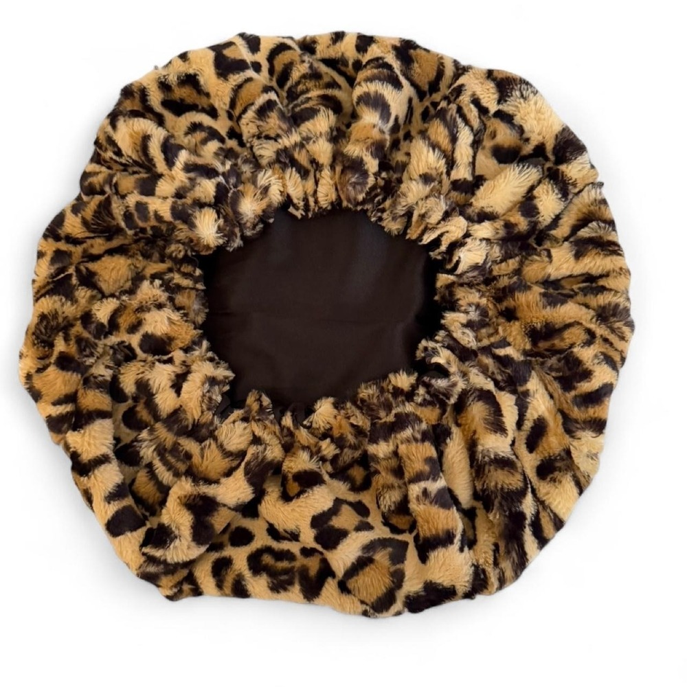 One-of-a-kind handmade leopard print reversible satin bonnet